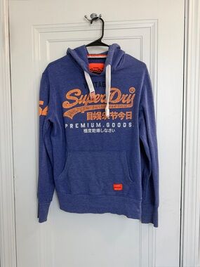 Superdry Blue Graphic Hoodie Orange Logo Pullover Size Large